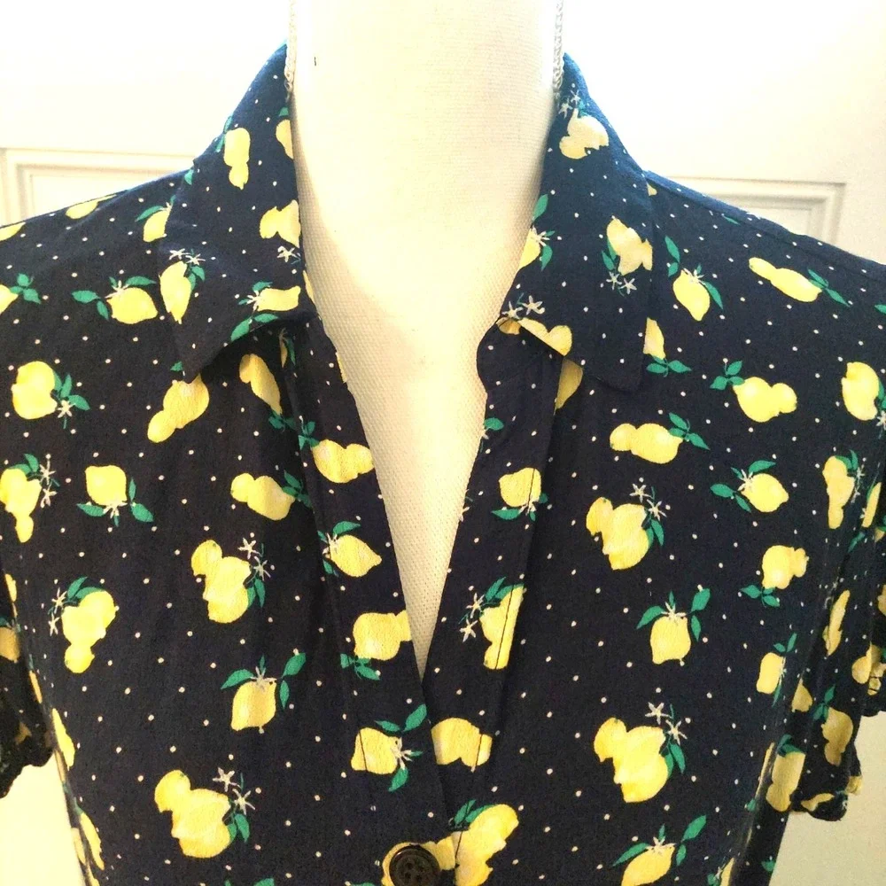 Talbots Shirt Dress 14 Navy Yellow Lemons Button Front Belted Midi Cottage Core - Picture 4 of 12